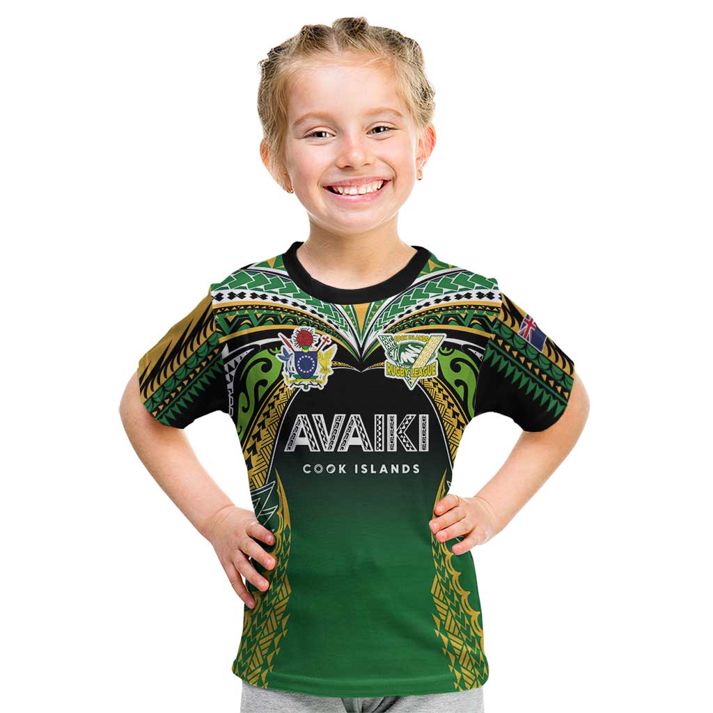 Custom Cook Islands Rugby League Kid T Shirt Avaiki Tatau Tribal Motifs Black Color LT03 Black - Polynesian Pride