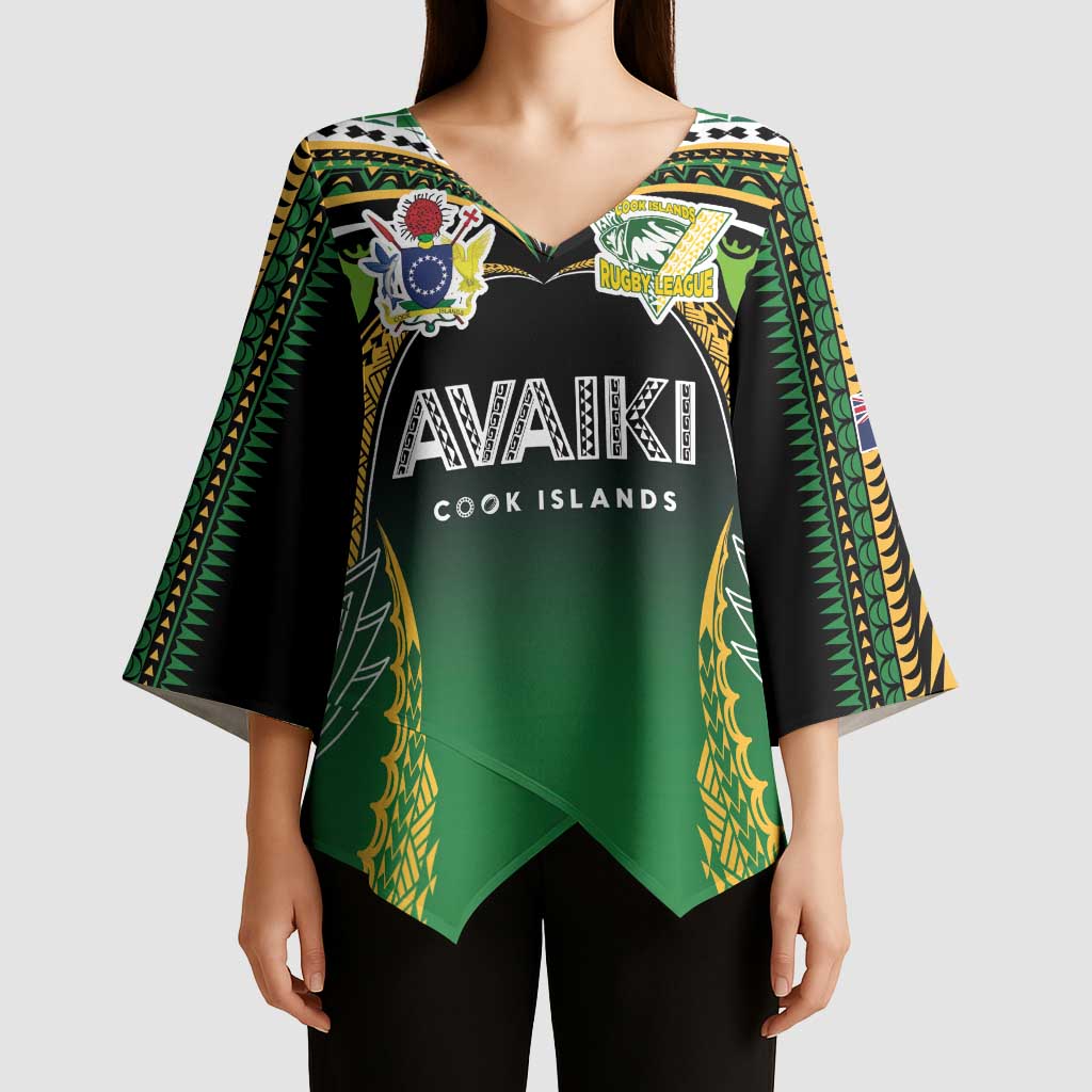 Custom Cook Islands Rugby League Kimono Sleeve Blouse Avaiki Tatau Tribal Motifs Black Color LT03 - Polynesian Pride
