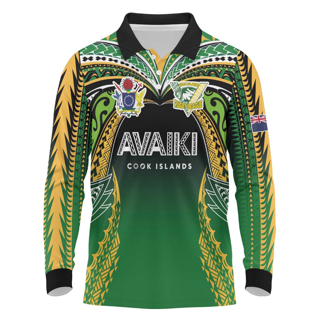Custom Cook Islands Rugby League Long Sleeve Polo Shirt Avaiki Tatau Tribal Motifs Black Color LT03 Black - Polynesian Pride