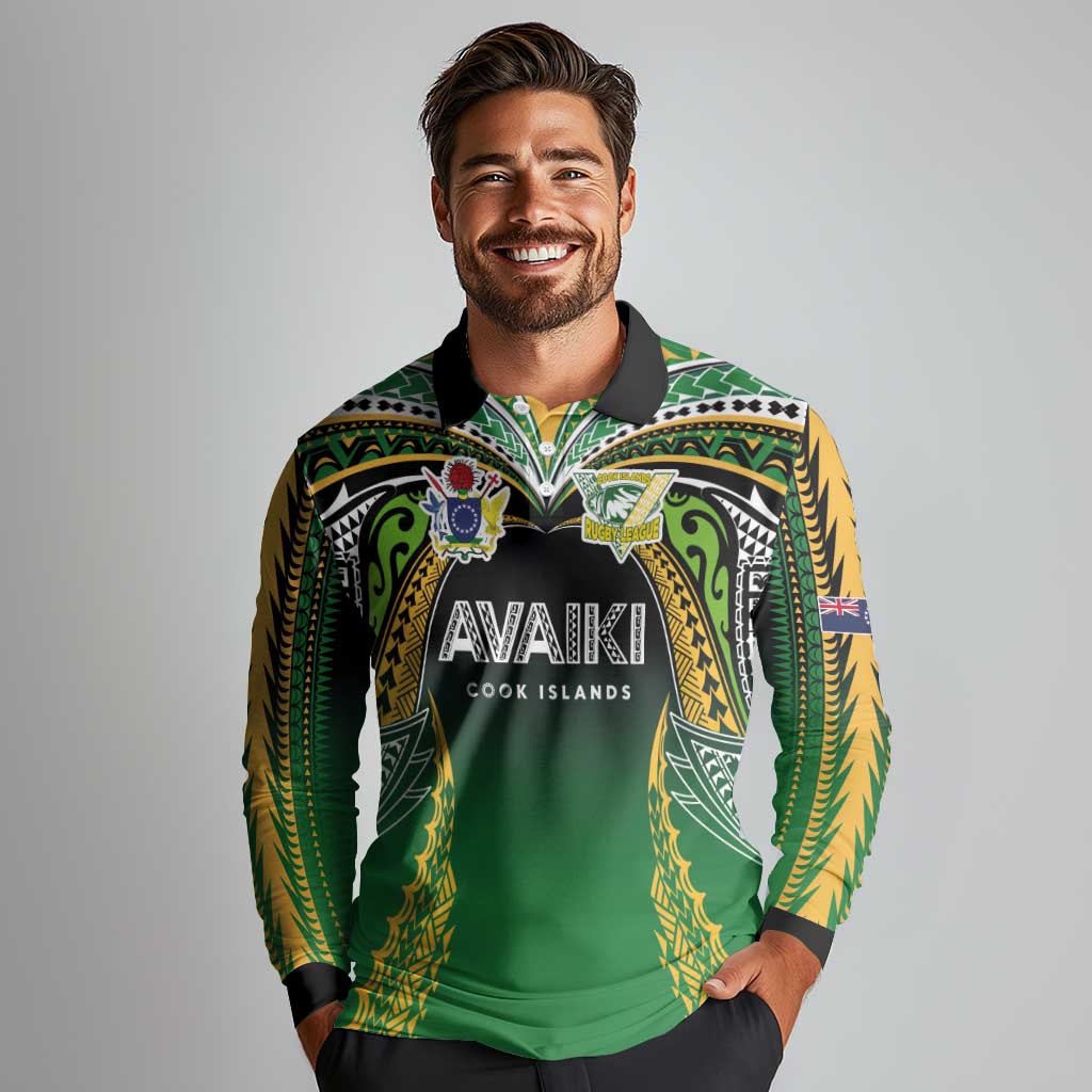 Custom Cook Islands Rugby League Long Sleeve Polo Shirt Avaiki Tatau Tribal Motifs Black Color LT03 - Polynesian Pride
