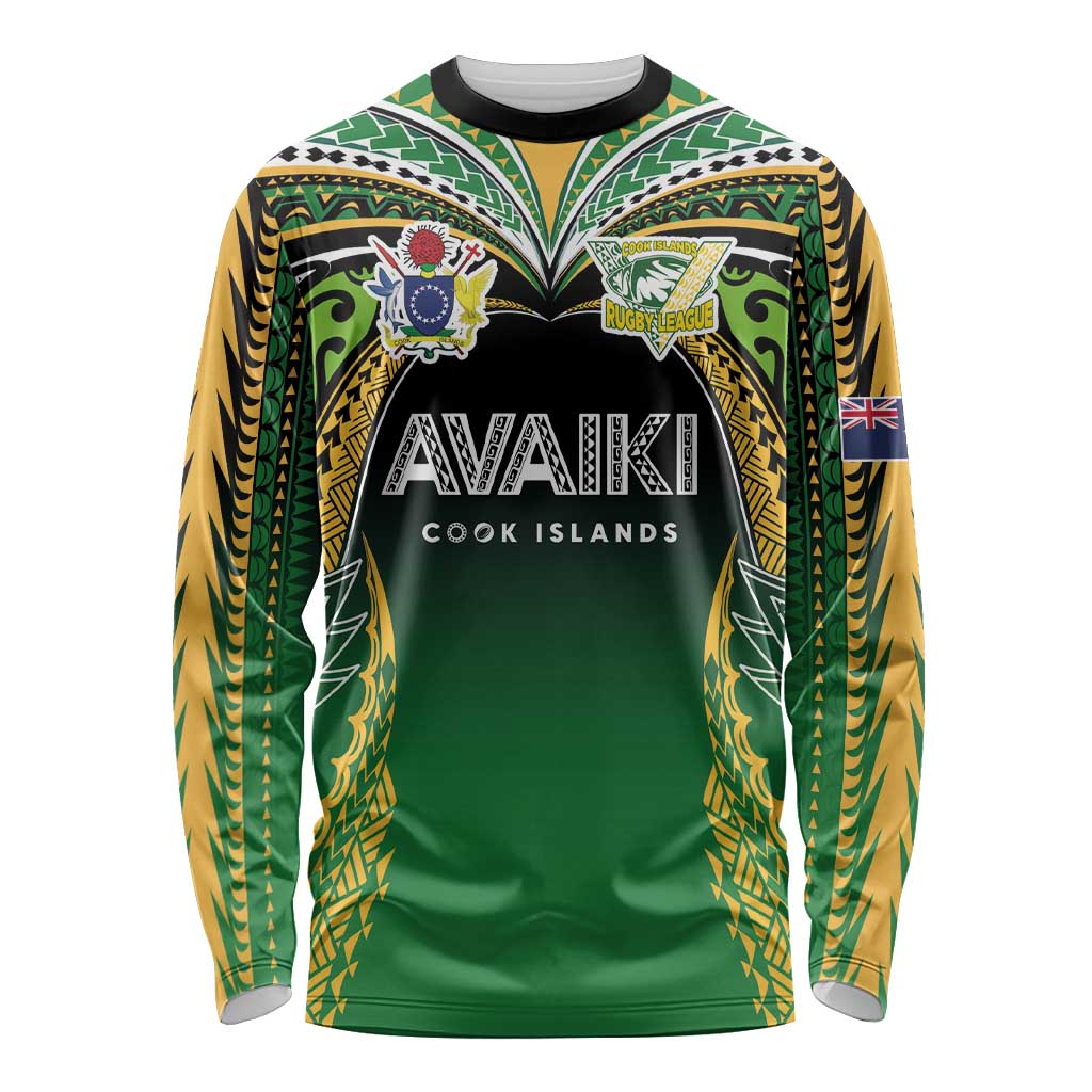 Custom Cook Islands Rugby League Long Sleeve Shirt Avaiki Tatau Tribal Motifs Black Color LT03 Unisex Black - Polynesian Pride