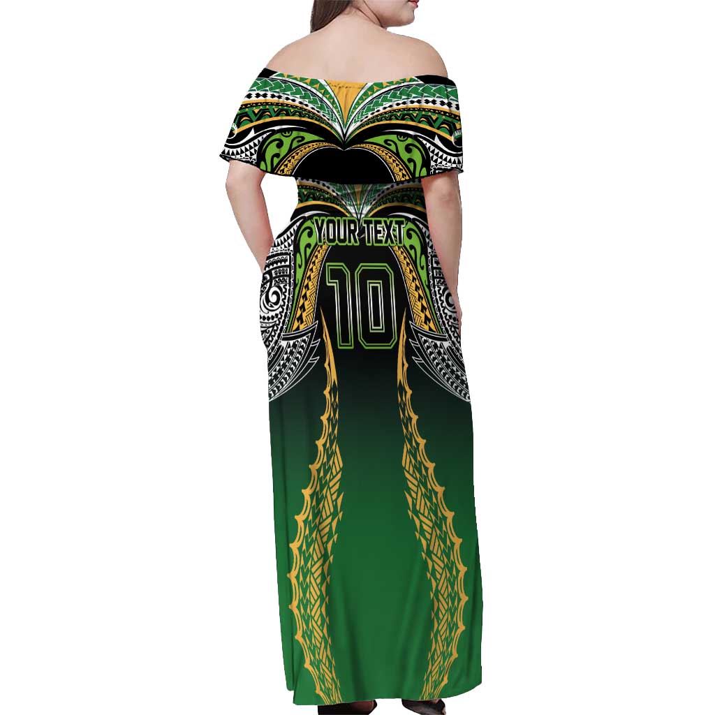 Custom Cook Islands Rugby League Off Shoulder Maxi Dress Avaiki Tatau Tribal Motifs Black Color LT03 - Polynesian Pride