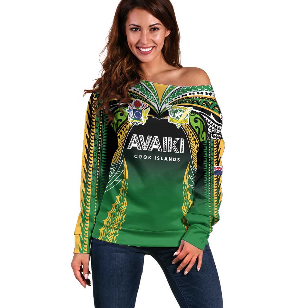 Custom Cook Islands Rugby League Off Shoulder Sweater Avaiki Tatau Tribal Motifs Black Color LT03 Women Black - Polynesian Pride
