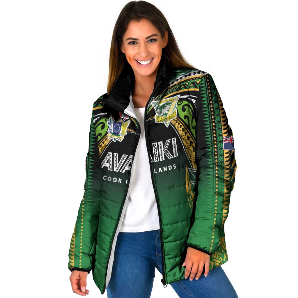 Custom Cook Islands Rugby League Padded Jacket Avaiki Tatau Tribal Motifs Black Color LT03 Women Black - Polynesian Pride