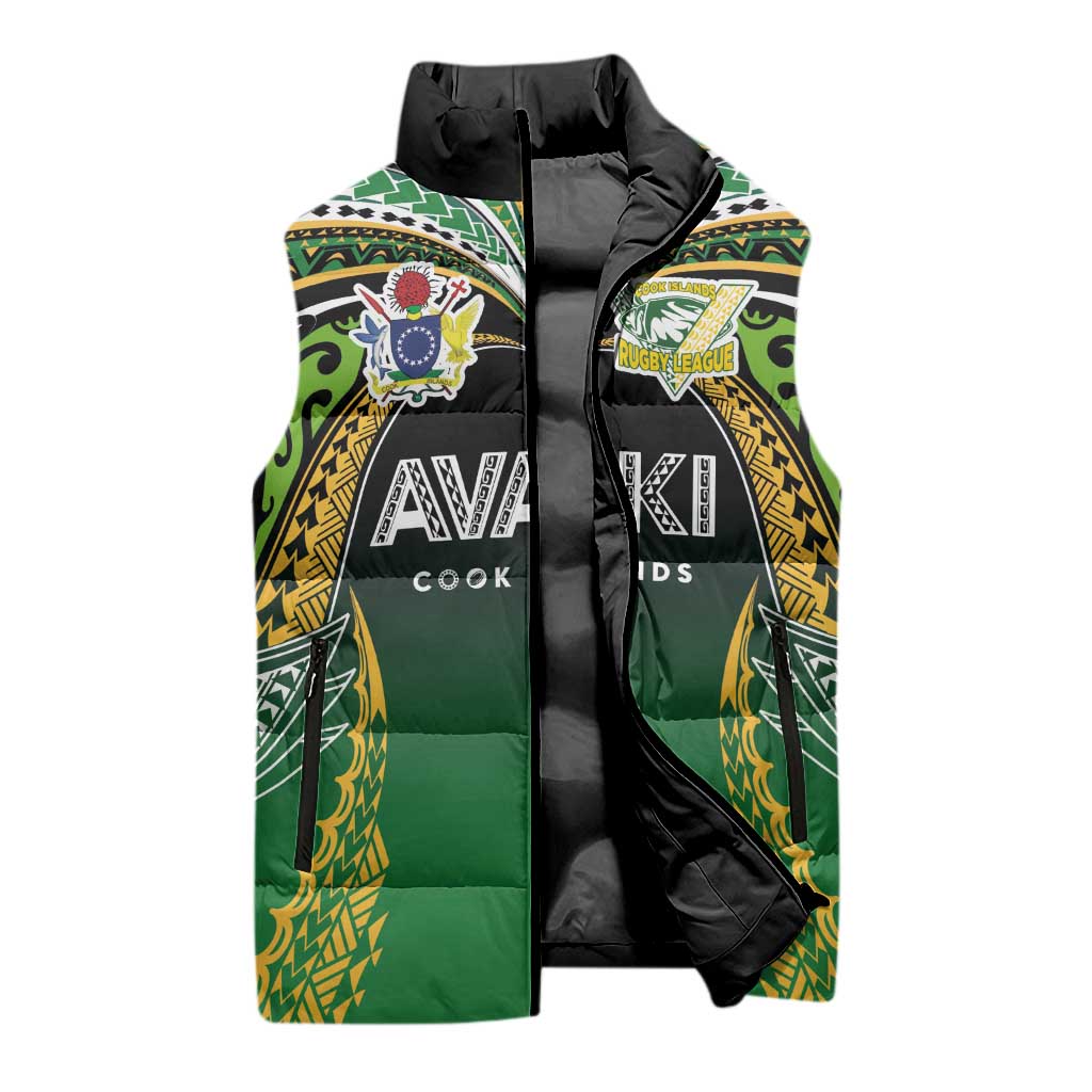 Custom Cook Islands Rugby League Sleeveless Puffer Jacket Avaiki Tatau Tribal Motifs Black Color LT03 - Polynesian Pride