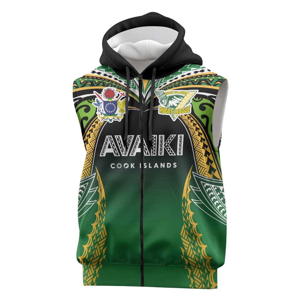 Custom Cook Islands Rugby League Sleeveless Zip Hoodie Avaiki Tatau Tribal Motifs Black Color LT03 Black - Polynesian Pride