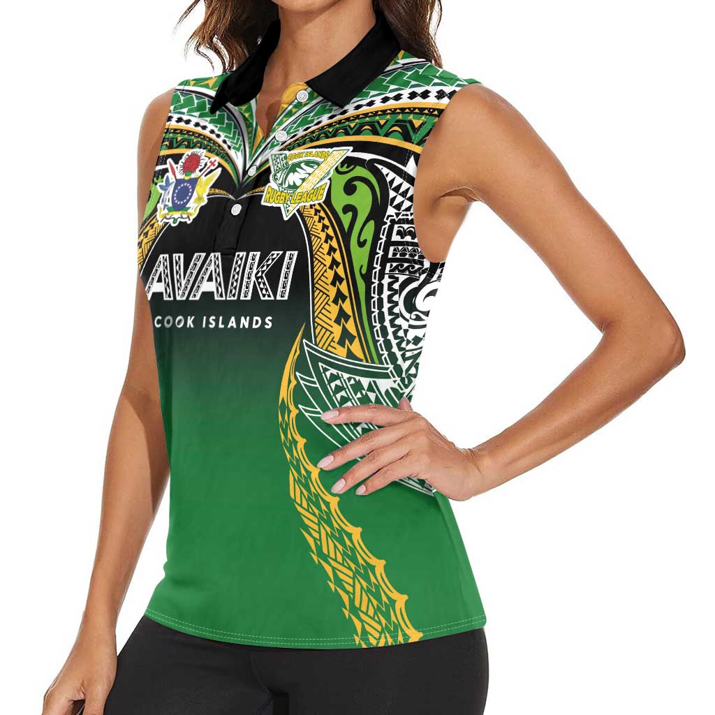Custom Cook Islands Rugby League Women Sleeveless Polo Shirt Avaiki Tatau Tribal Motifs Black Color LT03 - Polynesian Pride