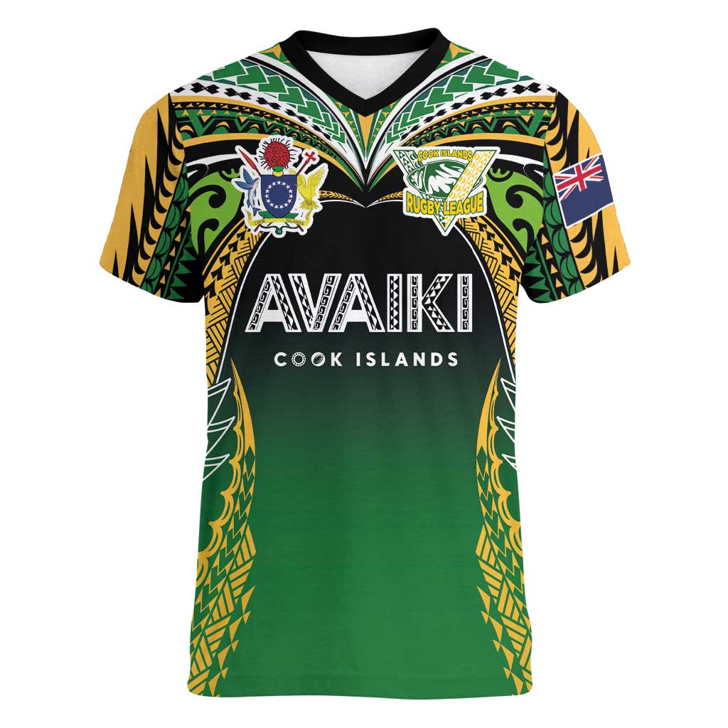 Custom Cook Islands Rugby League Women V-Neck T-Shirt Avaiki Tatau Tribal Motifs Black Color LT03 Female Black - Polynesian Pride