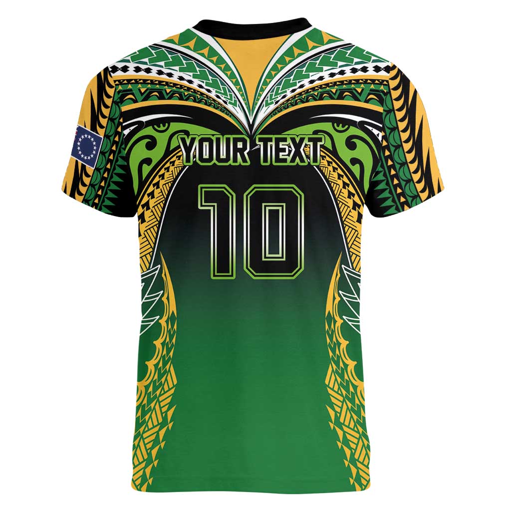 Custom Cook Islands Rugby League Women V-Neck T-Shirt Avaiki Tatau Tribal Motifs Black Color LT03 - Polynesian Pride