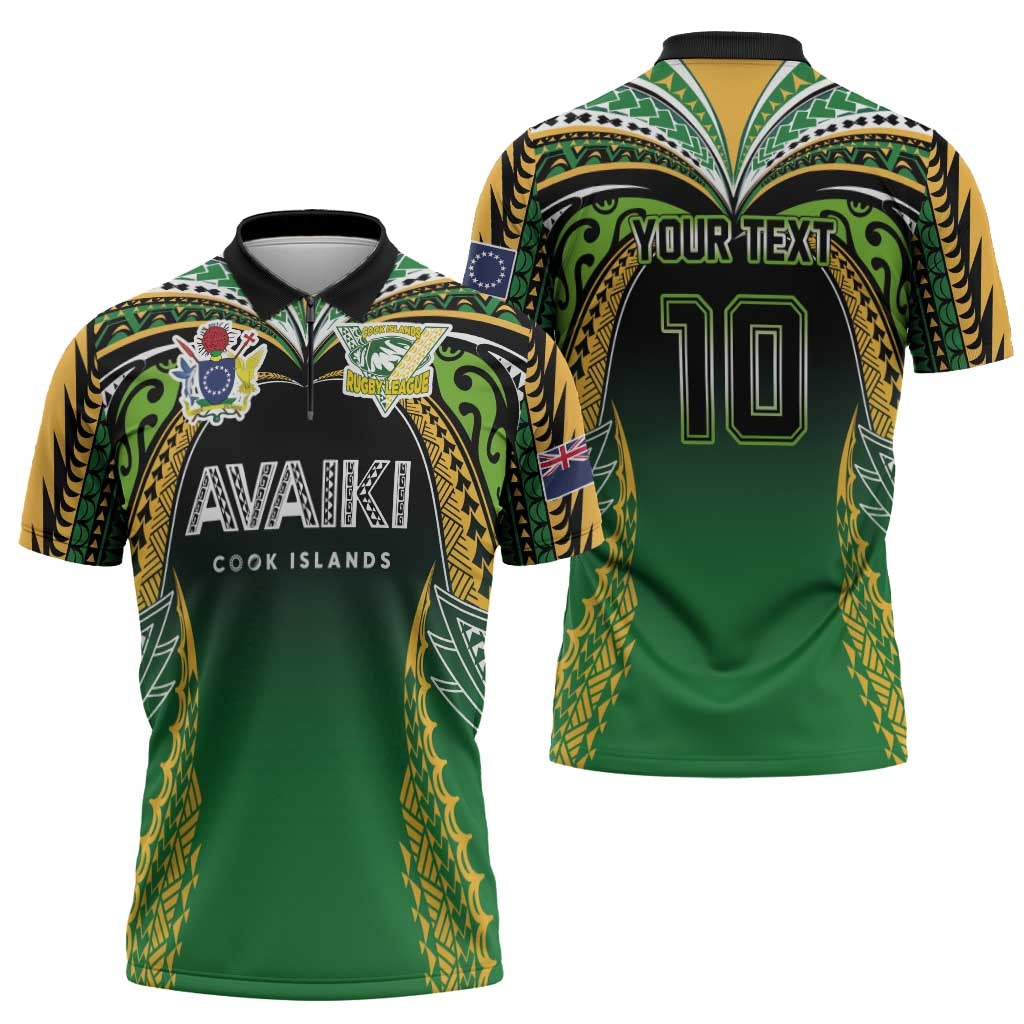 Custom Cook Islands Rugby League Zipper Polo Shirt Avaiki Tatau Tribal Motifs Black Color LT03 - Polynesian Pride