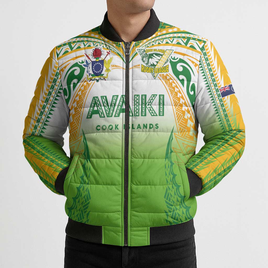Custom Cook Islands Rugby League Bomber Puffer Jacket Avaiki Tatau Tribal Motifs White Color LT03 - Polynesian Pride