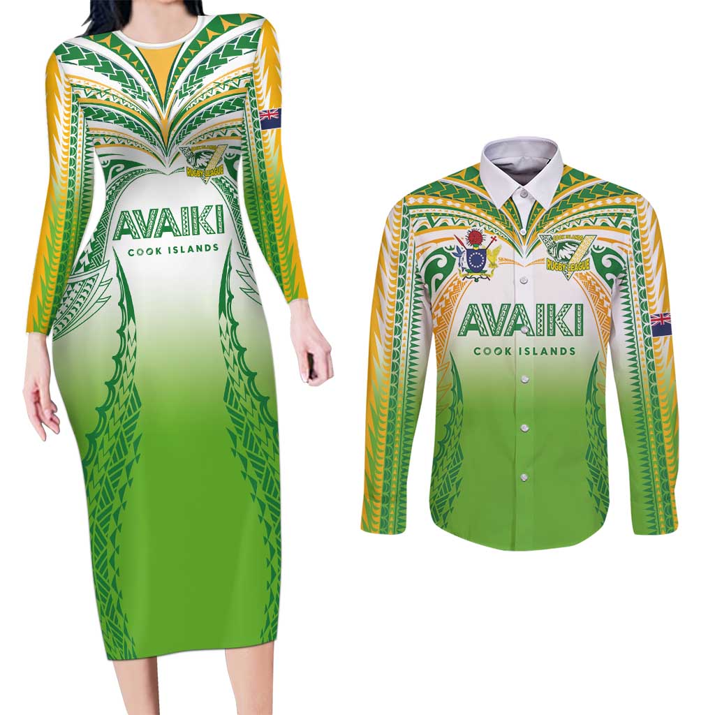 Custom Cook Islands Rugby League Couples Matching Long Sleeve Bodycon Dress and Long Sleeve Button Shirt Avaiki Tatau Tribal Motifs White Color LT03 White - Polynesian Pride