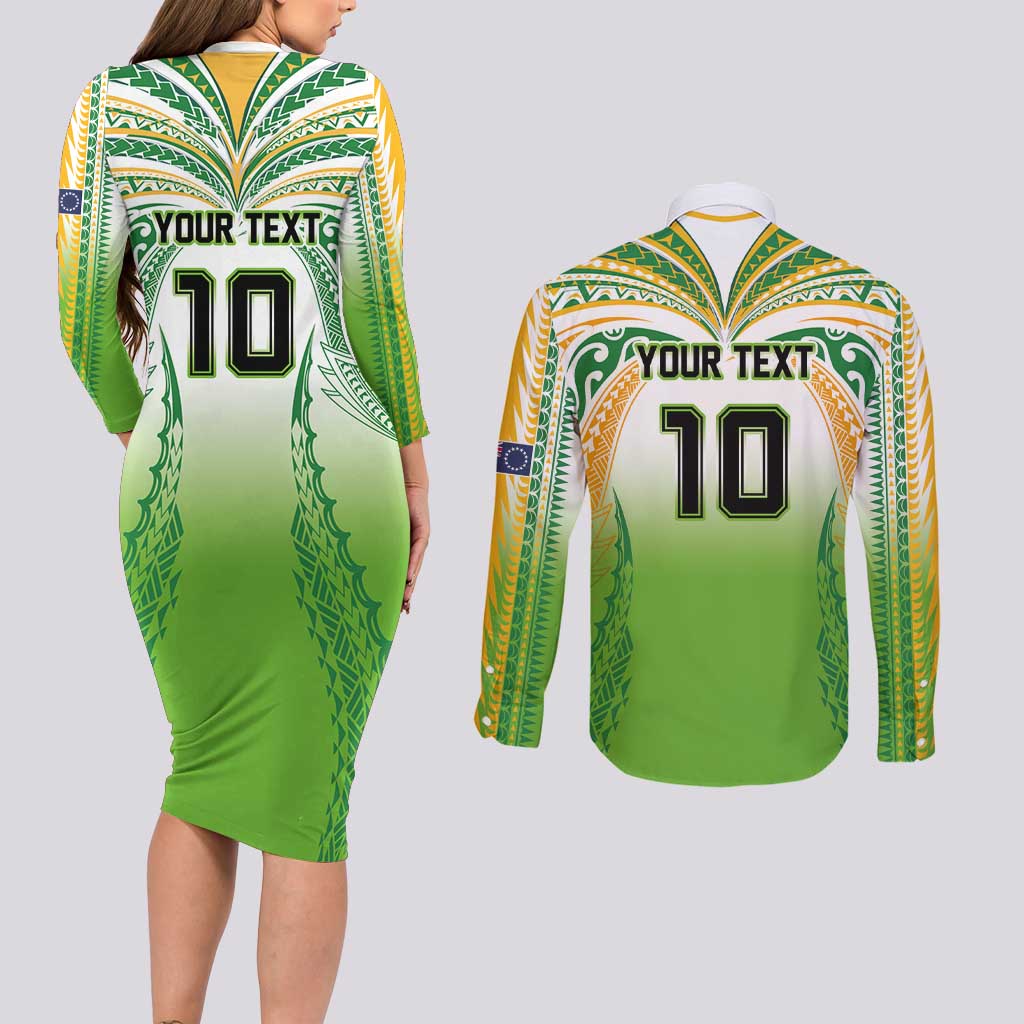 Custom Cook Islands Rugby League Couples Matching Long Sleeve Bodycon Dress and Long Sleeve Button Shirt Avaiki Tatau Tribal Motifs White Color LT03 - Polynesian Pride