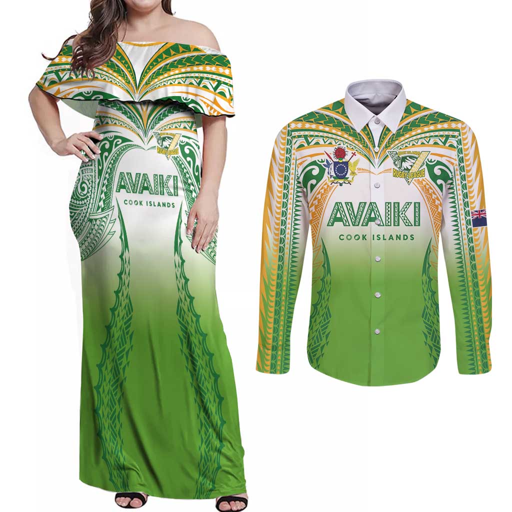 Custom Cook Islands Rugby League Couples Matching Off Shoulder Maxi Dress and Long Sleeve Button Shirt Avaiki Tatau Tribal Motifs White Color LT03 White - Polynesian Pride