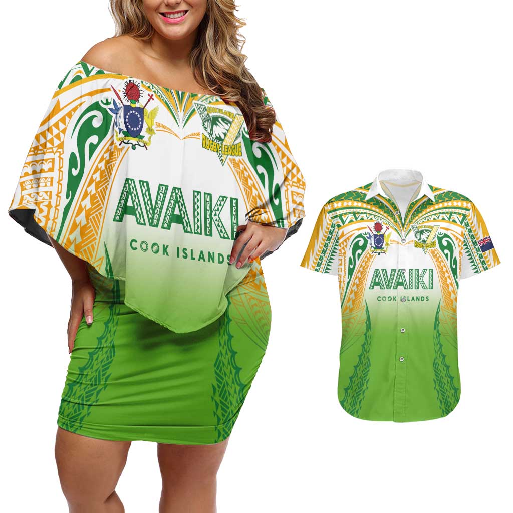 Custom Cook Islands Rugby League Couples Matching Off Shoulder Short Dress and Hawaiian Shirt Avaiki Tatau Tribal Motifs White Color LT03 White - Polynesian Pride