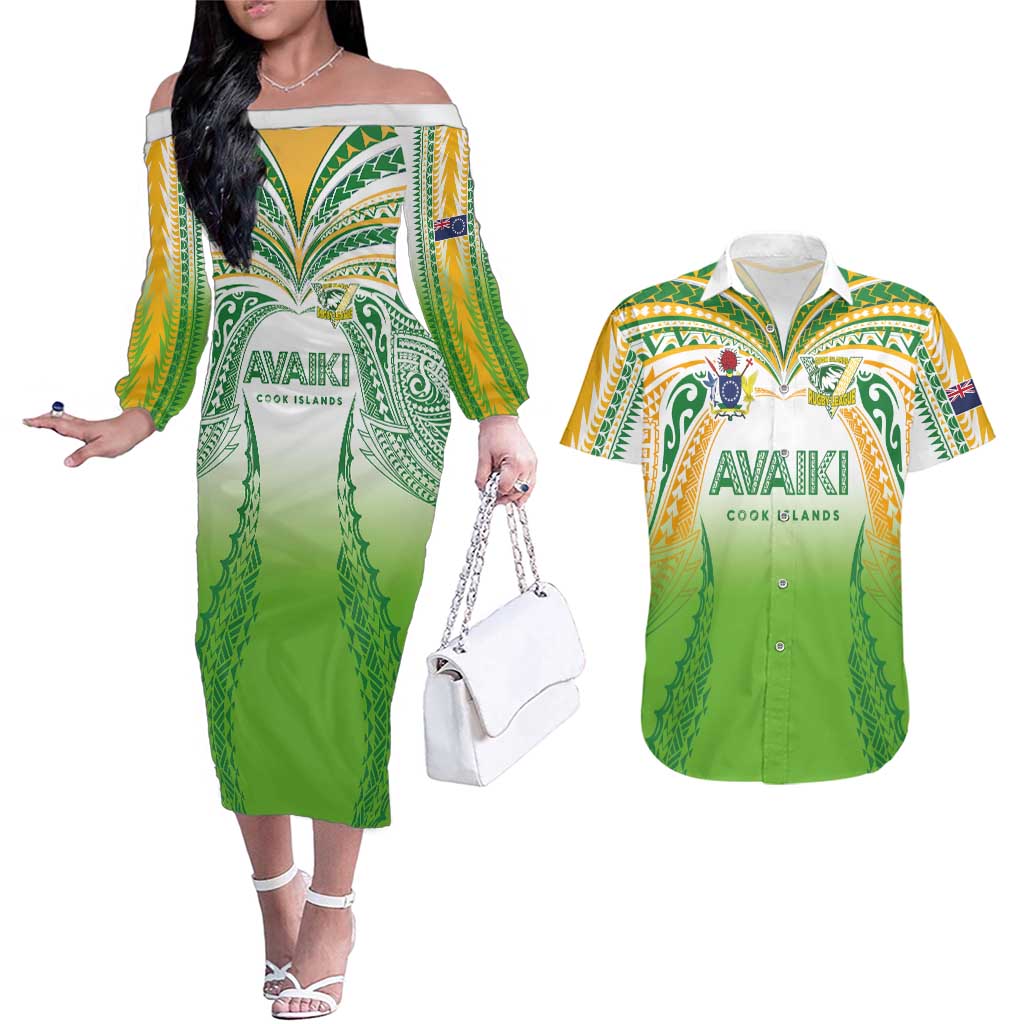 Custom Cook Islands Rugby League Couples Matching Off The Shoulder Long Sleeve Dress and Hawaiian Shirt Avaiki Tatau Tribal Motifs White Color LT03 White - Polynesian Pride