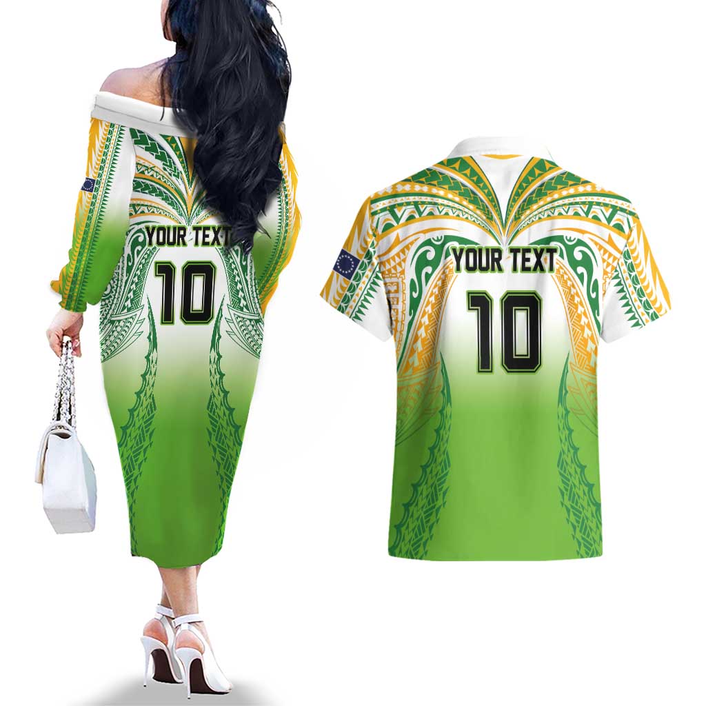 Custom Cook Islands Rugby League Couples Matching Off The Shoulder Long Sleeve Dress and Hawaiian Shirt Avaiki Tatau Tribal Motifs White Color LT03 - Polynesian Pride