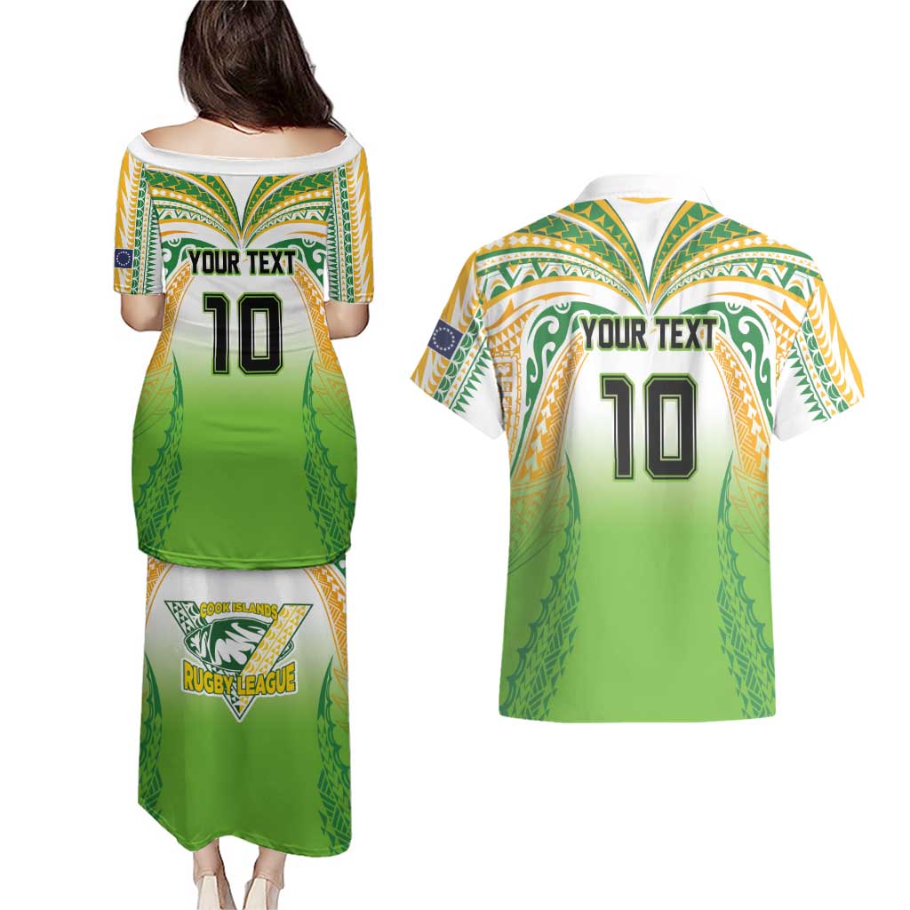 Custom Cook Islands Rugby League Couples Matching Puletasi and Hawaiian Shirt Avaiki Tatau Tribal Motifs White Color LT03 - Polynesian Pride