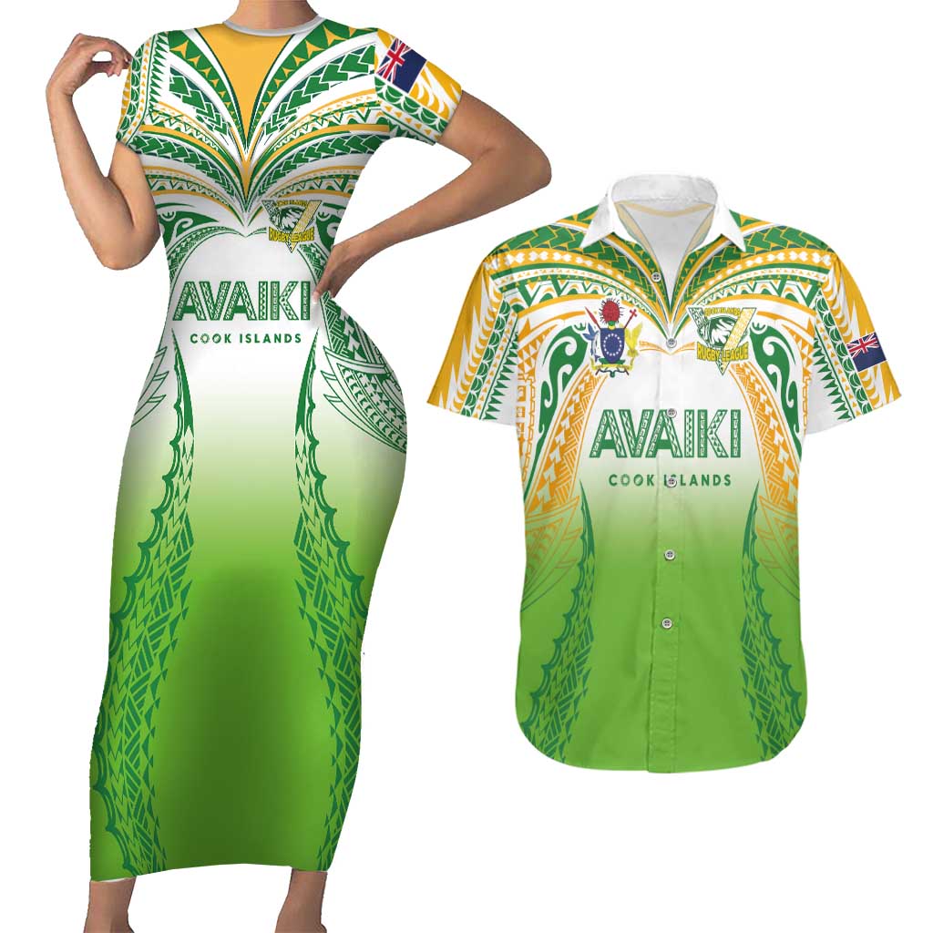 Custom Cook Islands Rugby League Couples Matching Short Sleeve Bodycon Dress and Hawaiian Shirt Avaiki Tatau Tribal Motifs White Color LT03 White - Polynesian Pride