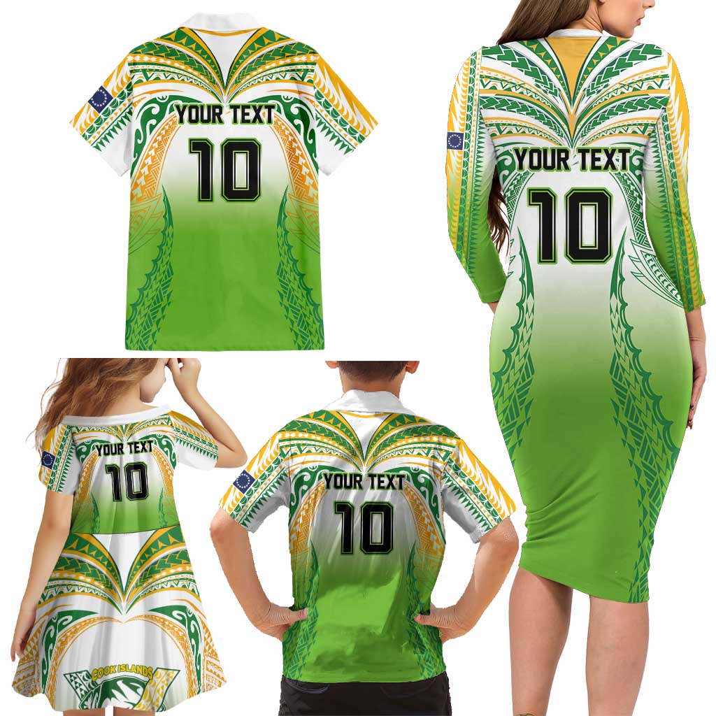 Custom Cook Islands Rugby League Family Matching Long Sleeve Bodycon Dress and Hawaiian Shirt Avaiki Tatau Tribal Motifs White Color LT03 - Polynesian Pride
