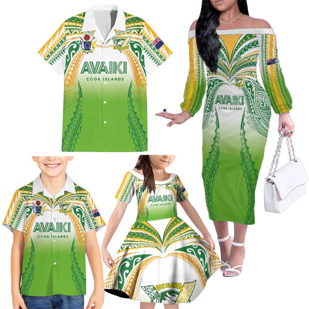 Custom Cook Islands Rugby League Family Matching Off The Shoulder Long Sleeve Dress and Hawaiian Shirt Avaiki Tatau Tribal Motifs White Color LT03 - Polynesian Pride