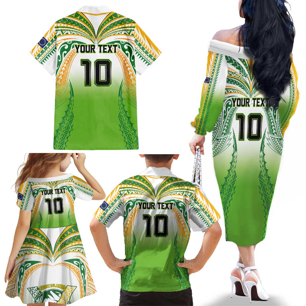 Custom Cook Islands Rugby League Family Matching Off The Shoulder Long Sleeve Dress and Hawaiian Shirt Avaiki Tatau Tribal Motifs White Color LT03 - Polynesian Pride