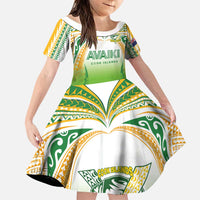Custom Cook Islands Rugby League Family Matching Off Shoulder Maxi Dress and Hawaiian Shirt Avaiki Tatau Tribal Motifs White Color LT03 Daughter's Dress White - Polynesian Pride