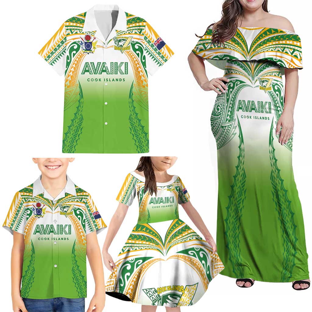 Custom Cook Islands Rugby League Family Matching Off Shoulder Maxi Dress and Hawaiian Shirt Avaiki Tatau Tribal Motifs White Color LT03 - Polynesian Pride