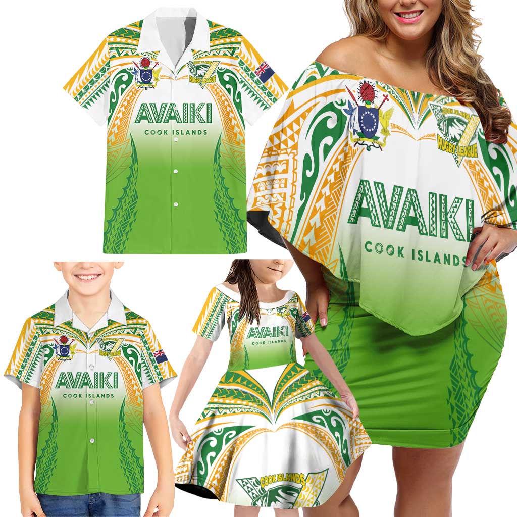 Custom Cook Islands Rugby League Family Matching Off Shoulder Short Dress and Hawaiian Shirt Avaiki Tatau Tribal Motifs White Color LT03 - Polynesian Pride