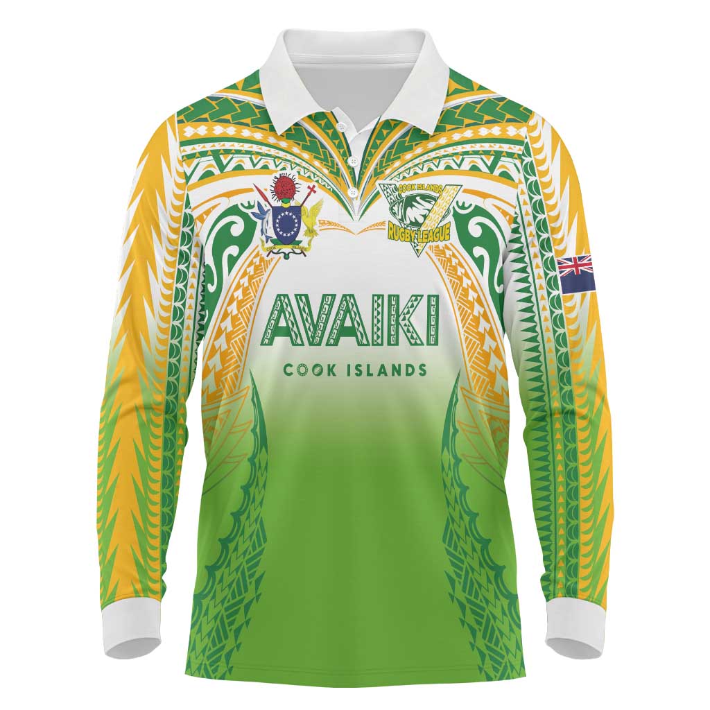 Custom Cook Islands Rugby League Long Sleeve Polo Shirt Avaiki Tatau Tribal Motifs White Color LT03 White - Polynesian Pride