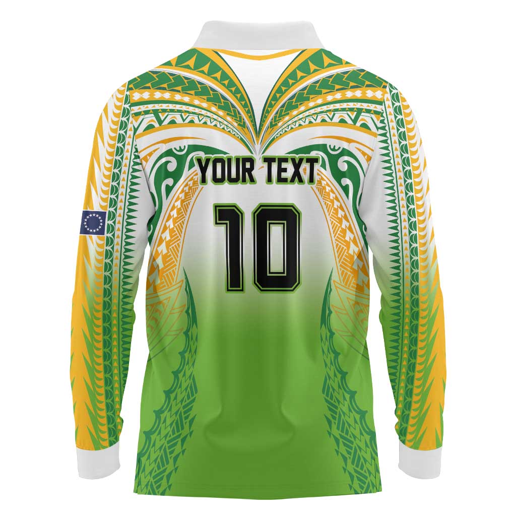 Custom Cook Islands Rugby League Long Sleeve Polo Shirt Avaiki Tatau Tribal Motifs White Color LT03 - Polynesian Pride