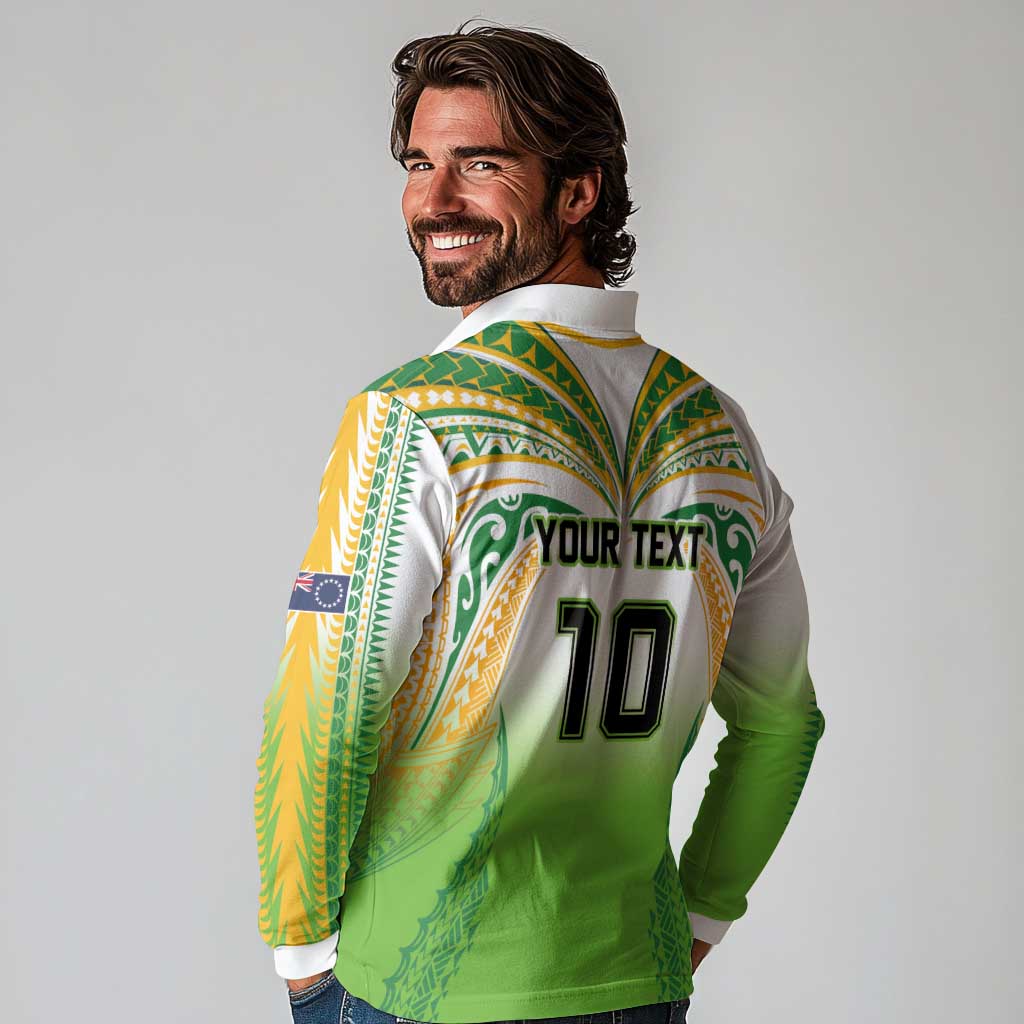 Custom Cook Islands Rugby League Long Sleeve Polo Shirt Avaiki Tatau Tribal Motifs White Color LT03 - Polynesian Pride