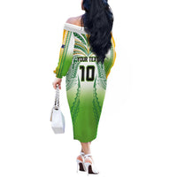 Custom Cook Islands Rugby League Off The Shoulder Long Sleeve Dress Avaiki Tatau Tribal Motifs White Color LT03 - Polynesian Pride