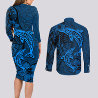 Polynesian Dolphin Valentine Day Couples Matching Long Sleeve Bodycon Dress and Long Sleeve Button Shirt Hibiscus and Tribal Tattoo Blue Style LT03 - Polynesian Pride