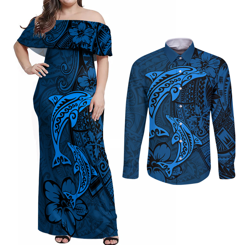 Polynesian Dolphin Valentine Day Couples Matching Off Shoulder Maxi Dress and Long Sleeve Button Shirt Hibiscus and Tribal Tattoo Blue Style LT03 Blue - Polynesian Pride