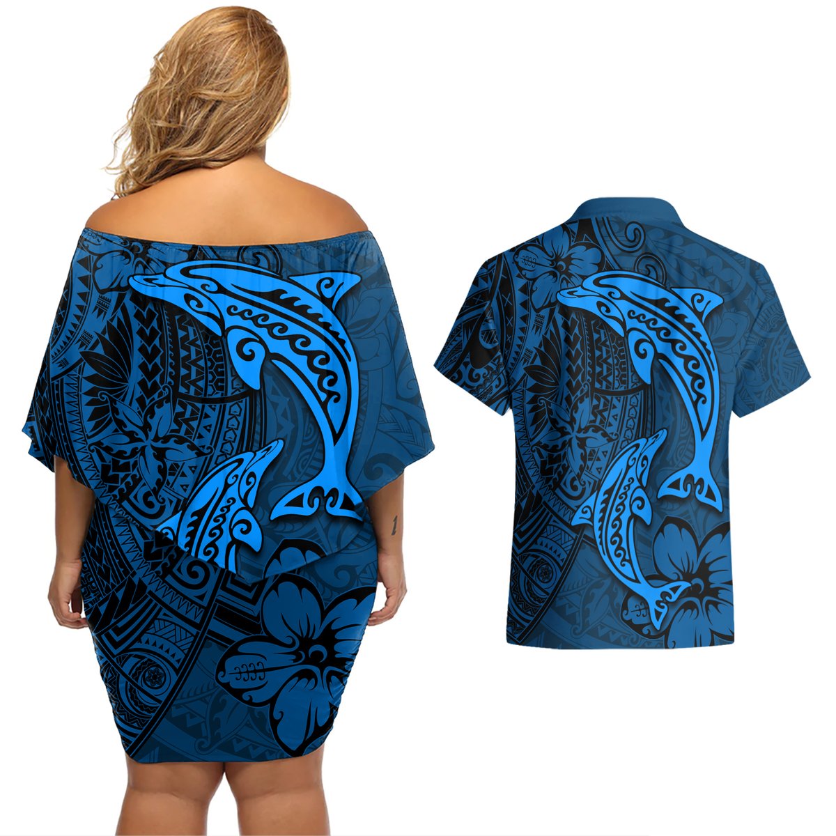 Polynesian Dolphin Valentine Day Couples Matching Off Shoulder Short Dress and Hawaiian Shirt Hibiscus and Tribal Tattoo Blue Style LT03 - Polynesian Pride