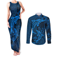 Polynesian Dolphin Valentine Day Couples Matching Tank Maxi Dress and Long Sleeve Button Shirt Hibiscus and Tribal Tattoo Blue Style LT03 Blue - Polynesian Pride