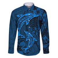 Polynesian Dolphin Valentine Day Family Matching Off Shoulder Short Dress and Hawaiian Shirt Hibiscus and Tribal Tattoo Blue Style LT03 Dad's Shirt - Long Sleeve Blue - Polynesian Pride