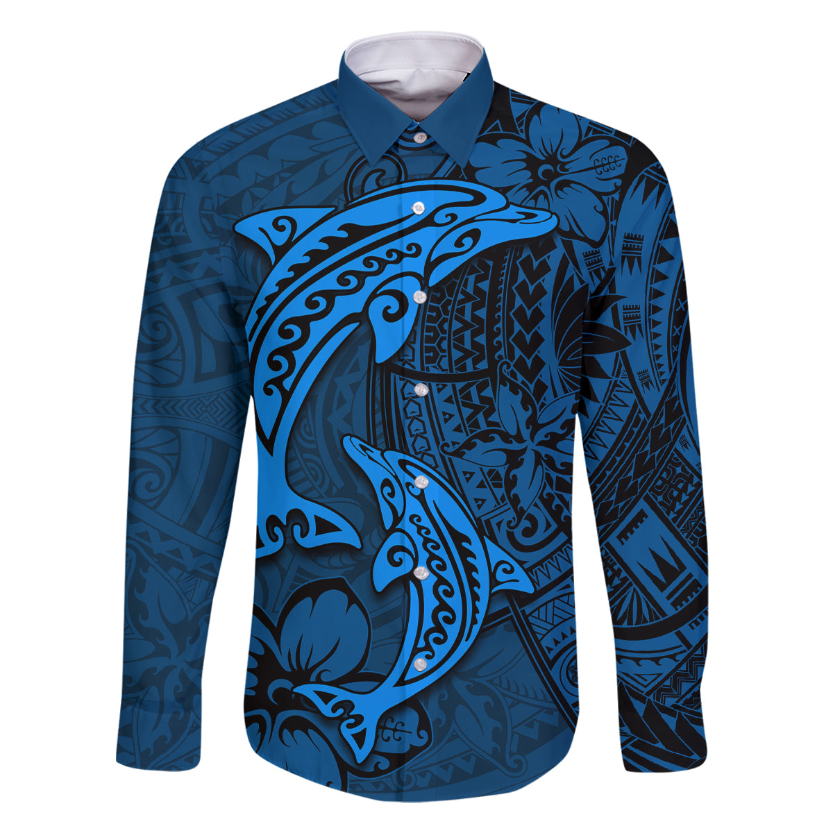 Polynesian Dolphin Valentine Day Family Matching Tank Maxi Dress and Hawaiian Shirt Hibiscus and Tribal Tattoo Blue Style LT03 Dad's Shirt - Long Sleeve Blue - Polynesian Pride