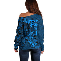 Polynesian Dolphin Valentine Day Off Shoulder Sweater Hibiscus and Tribal Tattoo Blue Style LT03 - Polynesian Pride