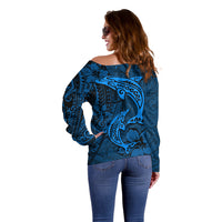 Polynesian Dolphin Valentine Day Off Shoulder Sweater Hibiscus and Tribal Tattoo Blue Style LT03 - Polynesian Pride