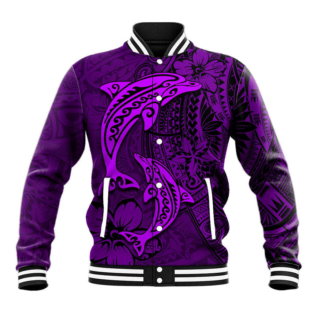 Polynesian Dolphin Valentine Day Baseball Jacket Hibiscus and Tribal Tattoo Purple Style LT03 Unisex Purple - Polynesian Pride