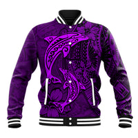 Polynesian Dolphin Valentine Day Baseball Jacket Hibiscus and Tribal Tattoo Purple Style LT03 Unisex Purple - Polynesian Pride