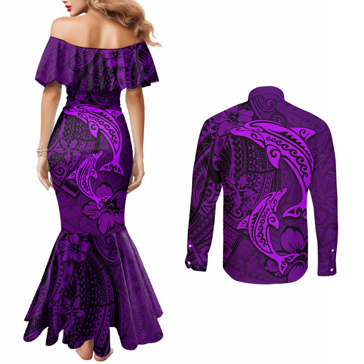 Polynesian Dolphin Valentine Day Couples Matching Mermaid Dress and Long Sleeve Button Shirt Hibiscus and Tribal Tattoo Purple Style LT03 - Polynesian Pride