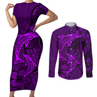 Polynesian Dolphin Valentine Day Couples Matching Short Sleeve Bodycon Dress and Long Sleeve Button Shirt Hibiscus and Tribal Tattoo Purple Style LT03 Purple - Polynesian Pride