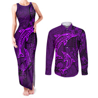 Polynesian Dolphin Valentine Day Couples Matching Tank Maxi Dress and Long Sleeve Button Shirt Hibiscus and Tribal Tattoo Purple Style LT03 Purple - Polynesian Pride