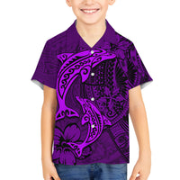 Polynesian Dolphin Valentine Day Family Matching Off Shoulder Long Sleeve Dress and Hawaiian Shirt Hibiscus and Tribal Tattoo Purple Style LT03 Son's Shirt Purple - Polynesian Pride