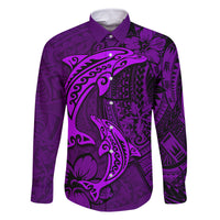 Polynesian Dolphin Valentine Day Family Matching Off Shoulder Short Dress and Hawaiian Shirt Hibiscus and Tribal Tattoo Purple Style LT03 Dad's Shirt - Long Sleeve Purple - Polynesian Pride
