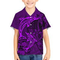 Polynesian Dolphin Valentine Day Kid Hawaiian Shirt Hibiscus and Tribal Tattoo Purple Style LT03 Kid Purple - Polynesian Pride