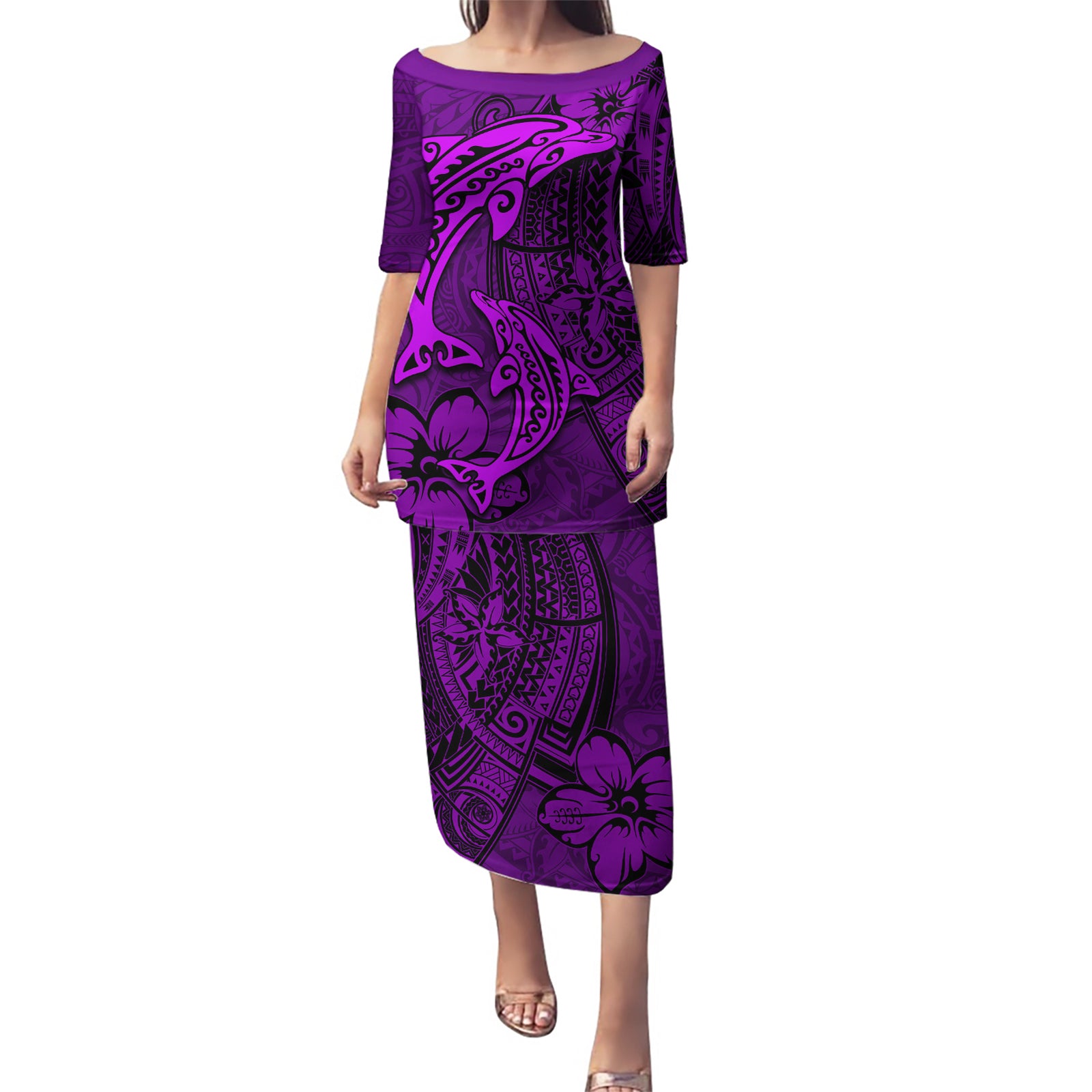 Polynesian Dolphin Valentine Day Puletasi Hibiscus and Tribal Tattoo Purple Style LT03 Long Dress Purple - Polynesian Pride